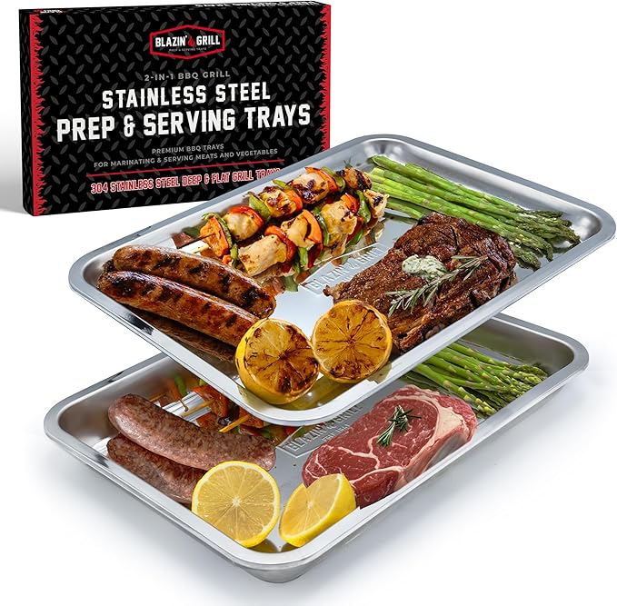 BLAZIN' GRILL Prep and Serving Trays | Set of 2 Stackable, Stainless Steel BBQ Grill Trays | Serving Platter for Marinating, Serving & Chopping | Grill Accessories for Plating Food & BBQ Prep Tub |