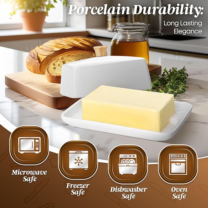 Flexzion Ceramic White European Butter Dish with Lid for Countertop (Large) - Wide 2 Stick Double Butter Holder for Counter, Cream Cheese Container Storage Keeper