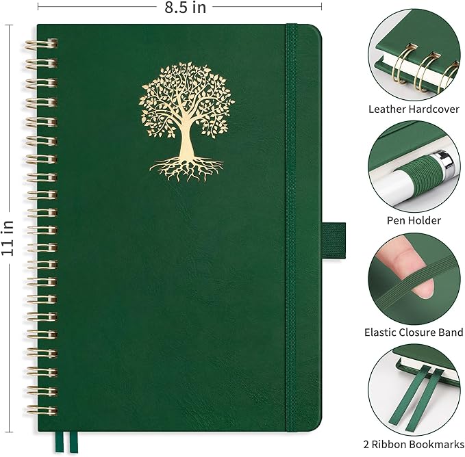 RETTACY Graph Grid Paper Notebook, 110 Pages, A4 Large Size (8.5'' × 11''), 5 Squares per Inch, Leather Hardcover, 100 GSM Thick Paper, for School, Students, Math, Engineering (Dark Green)