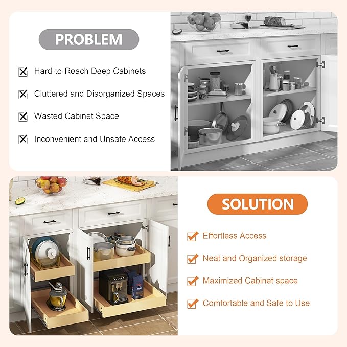 WelFurGeer 2-Tier Pull Out Cabinet Organizer with Soft Close Slides, Pull Out Drawers for Cabinets, Heavy-Duty Slide Out Drawers for Kitchen Cabinets, Under Sink, Pantry & Bathroom