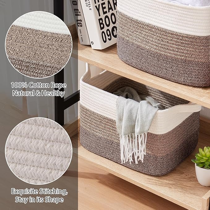 Storage Basket for Organizing, Woven Baskets for Storage, Rectangle Decorative Baskets for Shleves, Closet, Toys, Book, Nursery Organizer Bins - Pack of 3 (Gradient Dark Brown, 13"x9.85"x8.7")