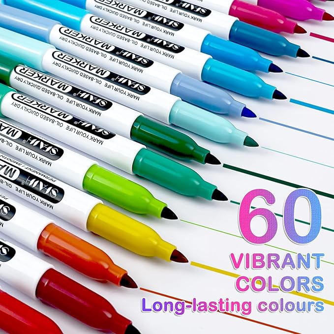 SFAIH 60 Colors Permanent Markers - Assorted Vibrant Colors, Quick Drying, Fade Resistant, Fine Point Permanent Markers for Teacher And Classroom Supplies, Art Supplies, Coloring, Drawing Doodling