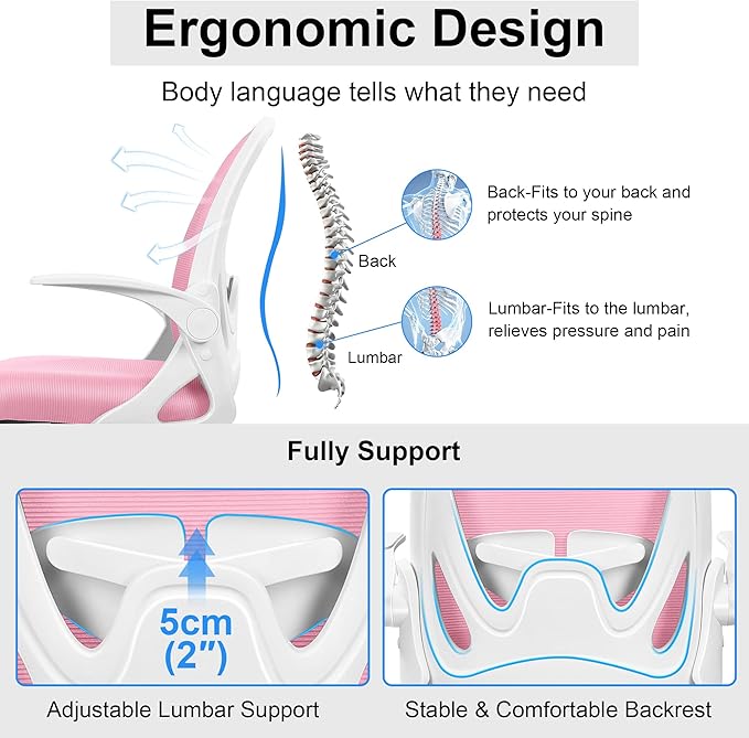 Primy Drafting Chair Tall Office Chair with Flip-up Armrests Executive Ergonomic Computer Standing Desk Chair with Lumbar Support and Adjustable Footrest Ring (Pink)