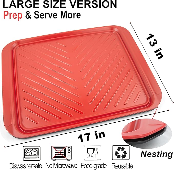 Large Grilling Prep and Serve Trays, 17.3" x 13" BBQ Platters for Raw and Cooked Food, Melamine Serving Trays for Food, Set of 2, Black and Red