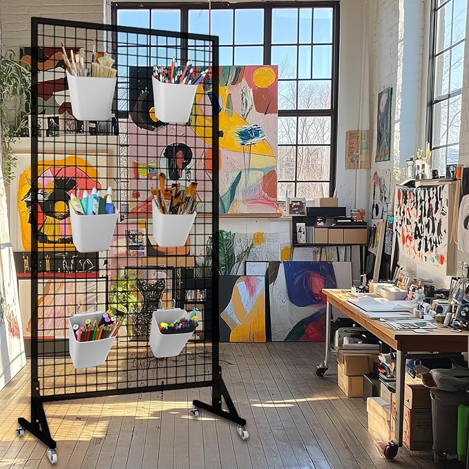 G.CORE Large Grid Wall Bins - 6Pack Gray Gridwall Accessories Hanging Cups with Back Hooks - Plastic Grid Wall Panels Organizers Wire Shelves Holders for Garage Garden Craft Office Tools Storage