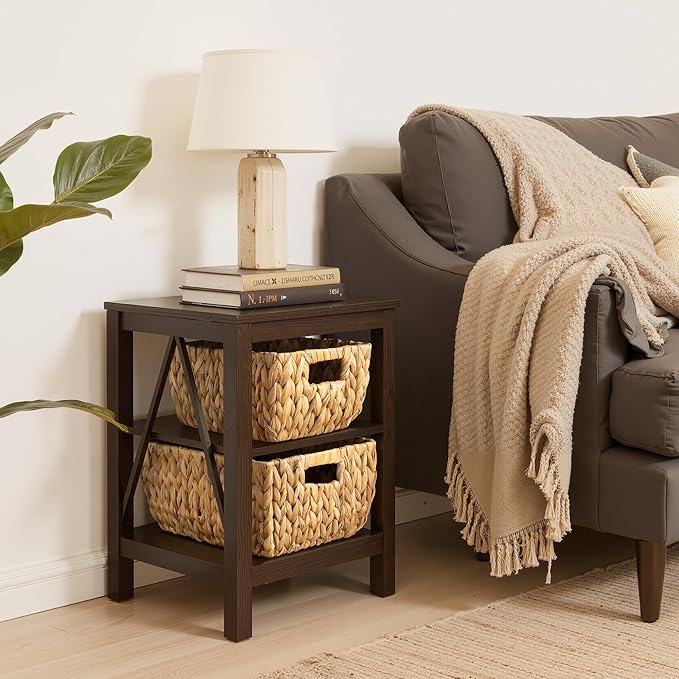 StorageWorks Wicker Baskets for Organizing, Handwoven Storage Basket with Built-in Handles, Water Hyacinth Organizer for Home Decor, Set of 2