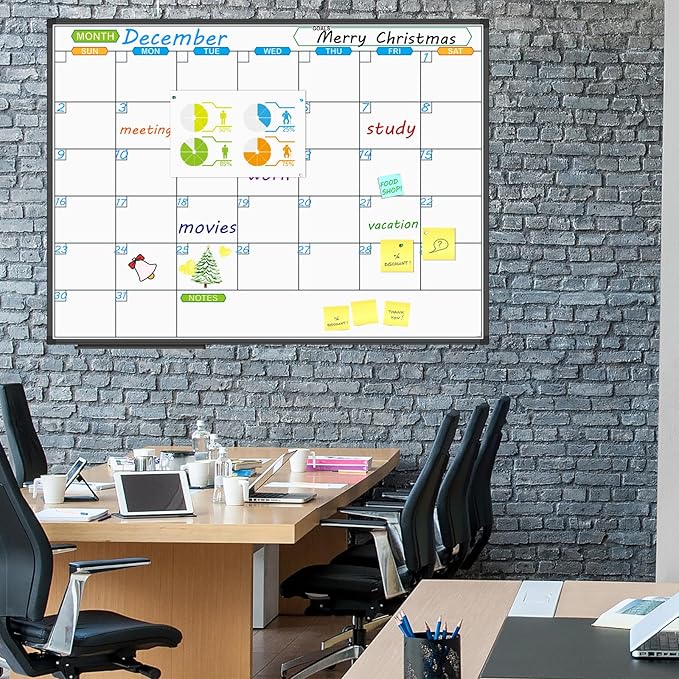 JILoffice Magnetic Dry Erase Calendar Whiteboard, 1 Month White Board Calendar Planner 48 X 36 Inch, Black Aluminum Frame Wall Mounted Board for Office Home and School