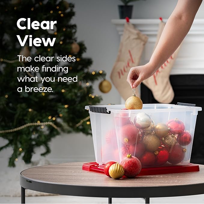 IRIS USA 19 Qt. Stackable Plastic Storage Bins with Lids, 4 Pack - BPA-Free, See-Through Organizing Solution, Latches, Durable Nestable Containers, Secure Pull Handle, Made in USA - Red