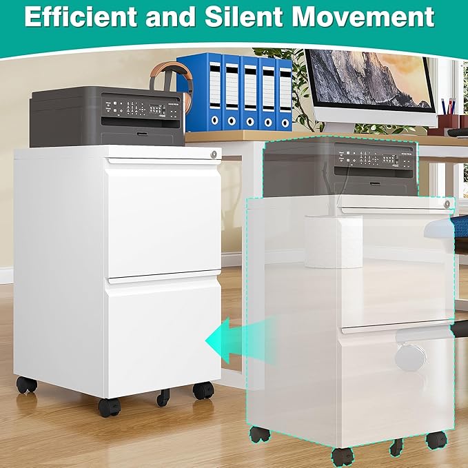 SISESOL Assembled 2 Drawer File Cabinet on Wheels,Metal Filing Cabinet with Lock,White Rolling File Cabinets,Under Desk Office Cabinets for Home Office,Fit A4/Letter/Legal,Pre-Assembled Except Caster