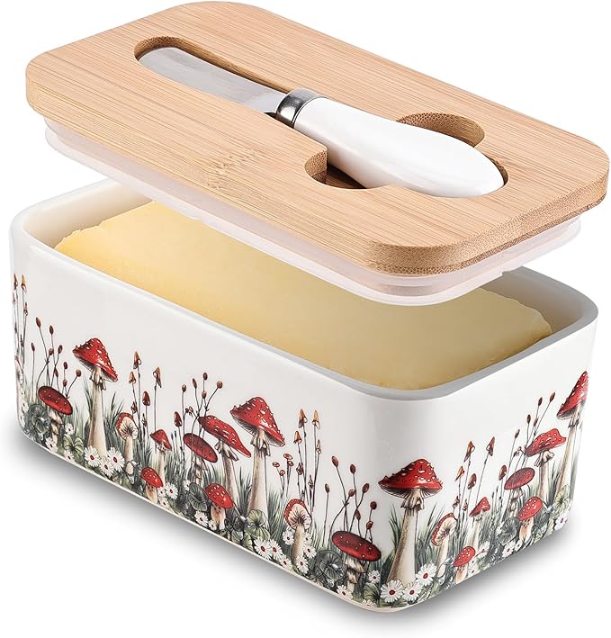 Fungi Fun Ceramic Mushroom Butter Dish with Lid and Knife, Cute Butter Dish for Countertop and Fridge, Ceramic Container for Countertop with Lid and Selicon Seal, Ideal for Mushroom Kitchen Decor