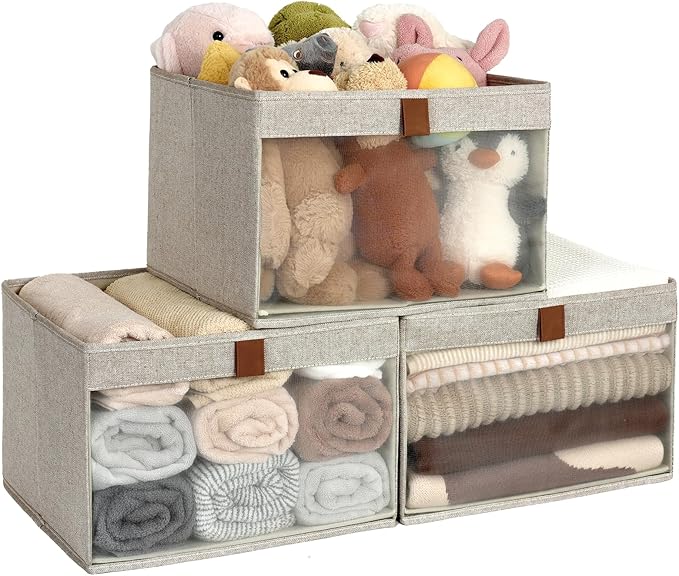 StorageWorks Closet Storage Bins, Extra Large Storage Baskets with Clear Window and Handles, Foldable Fabric Organizer for Clothes, Shelves, Brown and Beige, 3 Pack