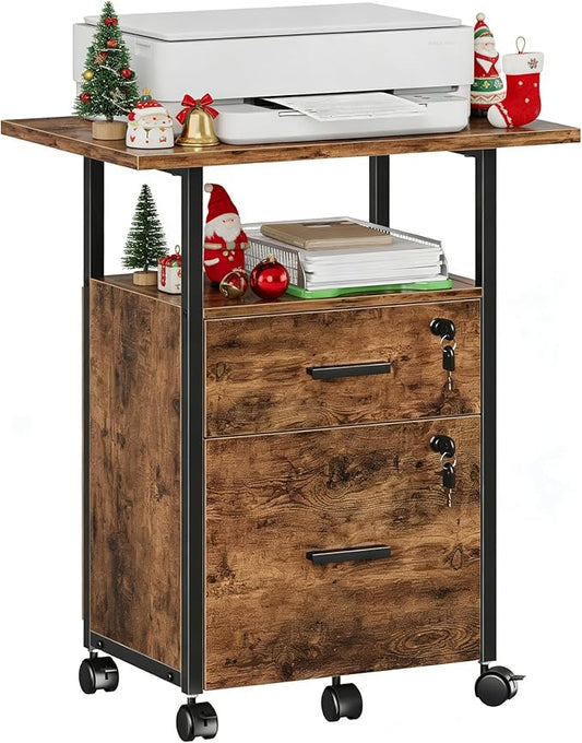 GYIIYUO 2 Wood Drawer Lockable File Cabinet with 22'' Extended Desktop, Mobile Filing Cabinet with Side Bag, Rolling Printer Stand, Fits A4&Letter Size, Home Office, Rustic Brown