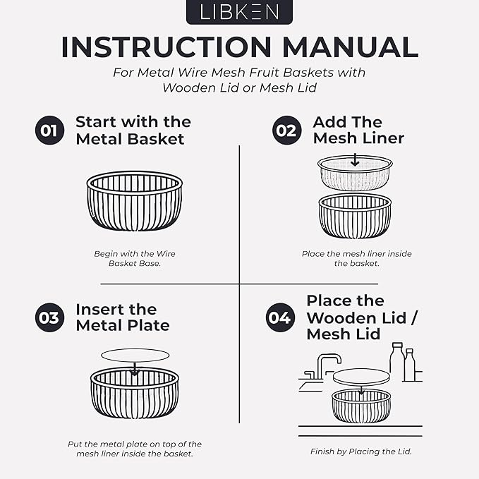 Metal Wire Mesh Fruit Basket with Wooden Lid - Fly-Proof Indoor Solution for Fresh Fruits - Covered Fruit Bowl with Lid - Produce Cover Against Flies for Vegetables - Black