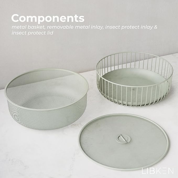 Metal Fruitbasket with Mesh Lid and Basket - Fruit and Vegetable Holder For Kitchen Counter - Countertop Display Baskets Organizer - Bowl Storage for Veggie, Fruits, Snack, and Banana - Green