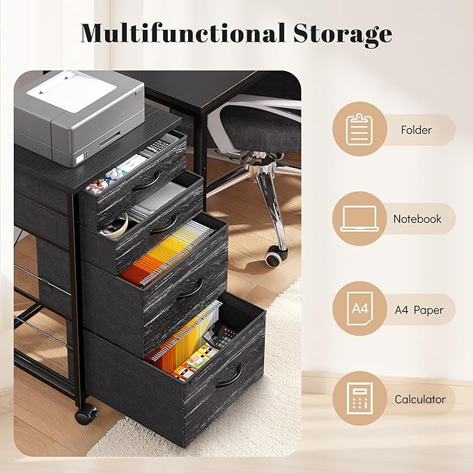 4 Drawers Mobile File Cabinet Vertical Filing Cabinet with Fabric Drawer Fits A4/Letter Size Printer Stand for Home Office，Black
