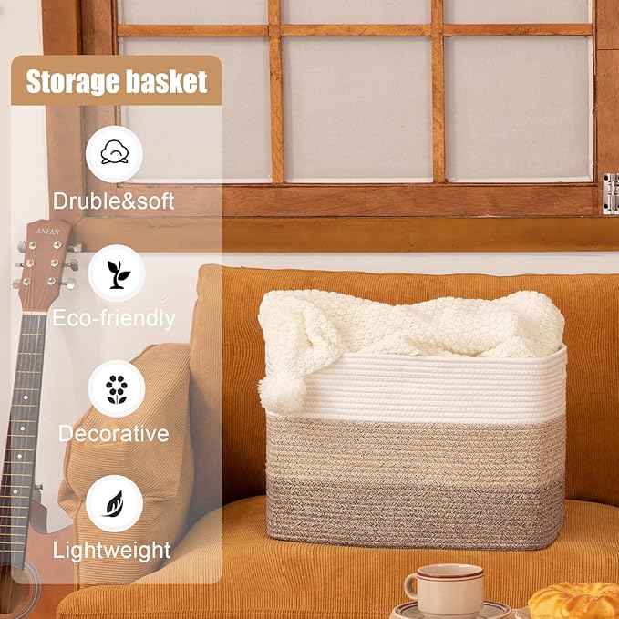 Storage Baskets for Organizing, 2 Pack Woven Basket for Storage, Rectangle Baskets for Shelves Closet Organizers, Toy Basket for Nursery Storage Living Room, Laundry Room, Bedroom (Gradient Brown)