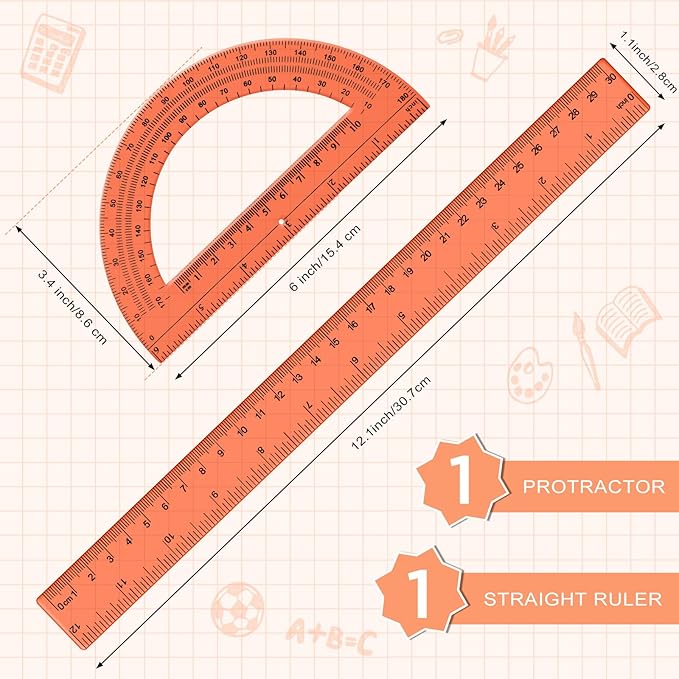 Zonon 2 Pack 12'' Plastic Ruler and 6'' Plastic Protractor Set Clear Ruler Protractor Set Math Geometry Supplies for School Classroom Home Office Drawing(Orange)