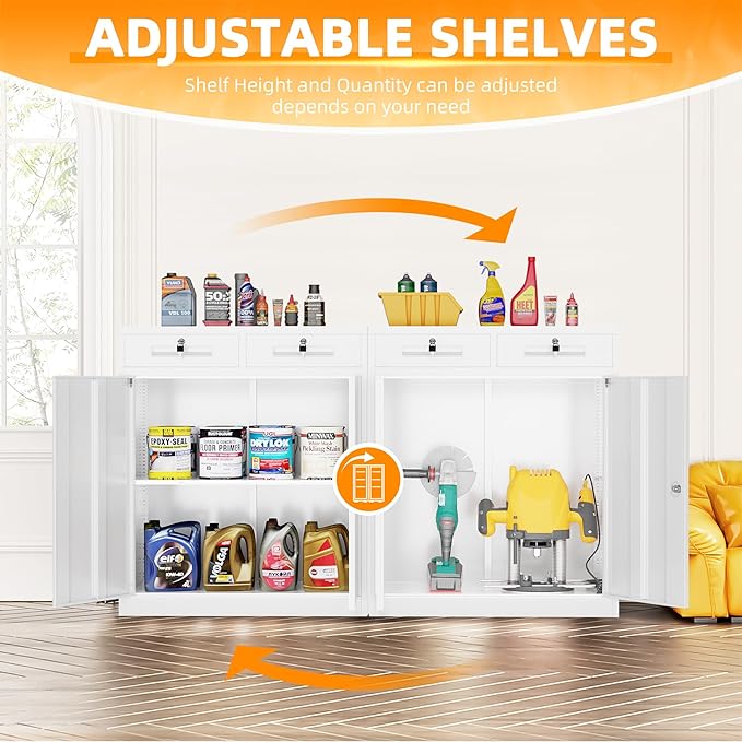 INTERGREAT Metal Cabinet with Drawers, Lockable Metal Storage Cabinets with Doors and Shelves for Garage, White Locking Garage Storage Cabinets 36"×32"×16"