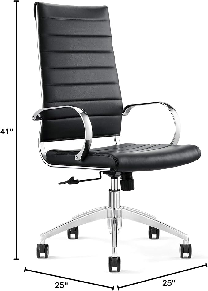 Ribbed High Back Conference Room Chairs - Lumbar Support, Modern Style Executive Chair for Home and Office - 360 Swivel Rolling Wheels - Aluminum Chrome Frame & Base - Black (Pack of 1)