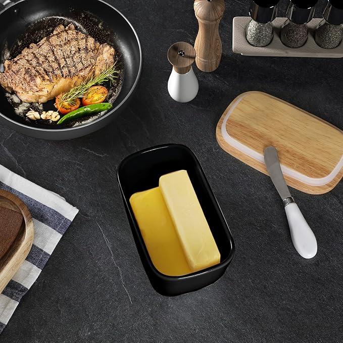 GDCZ Ceramics Butter Dish with Wooden Lid- Large Covered Butter Holder for Countertop, Butter Keeper Container Perfect for Holds 2X 4oz West/East Coast Butter (Black, 6.5 x 4.2x 3.9)