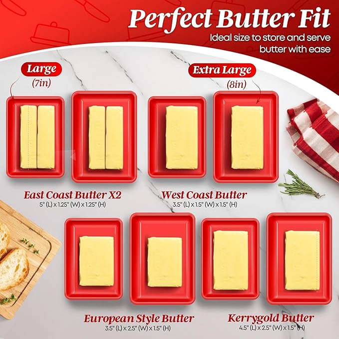 Flexzion Ceramic Red European Butter Dish with Lid for Countertop (7 Inch) - Wide 2 Stick Double Butter Holder for Counter, Cream Cheese Container Storage Keeper