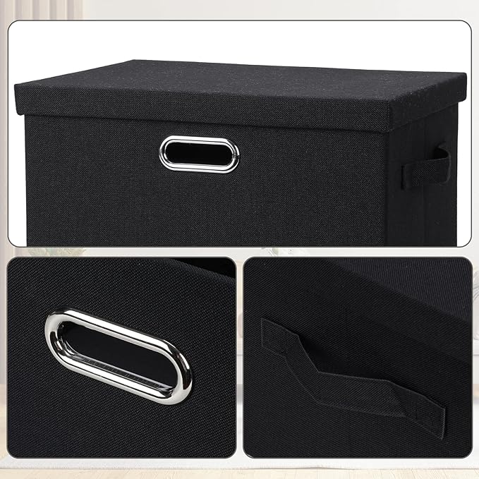 Large 17" 36 Quart Collapsible Stackable Storage Bins with Lids, 1 Pack Black Foldable Fabric Closet Storage Boxes with Lids, 4 Handles Heavy-duty Linen Cube Baskets for Bedroom