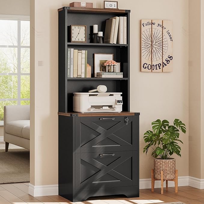 SEDETA 2 Drawer File Cabinet with Lock, Wood Filing Cabinet fits Letter, Legal, A4 Size, Hanging File Folders, Farmhouse File Cabinets for Home Office with Adjustable Storage Shelf (Black)