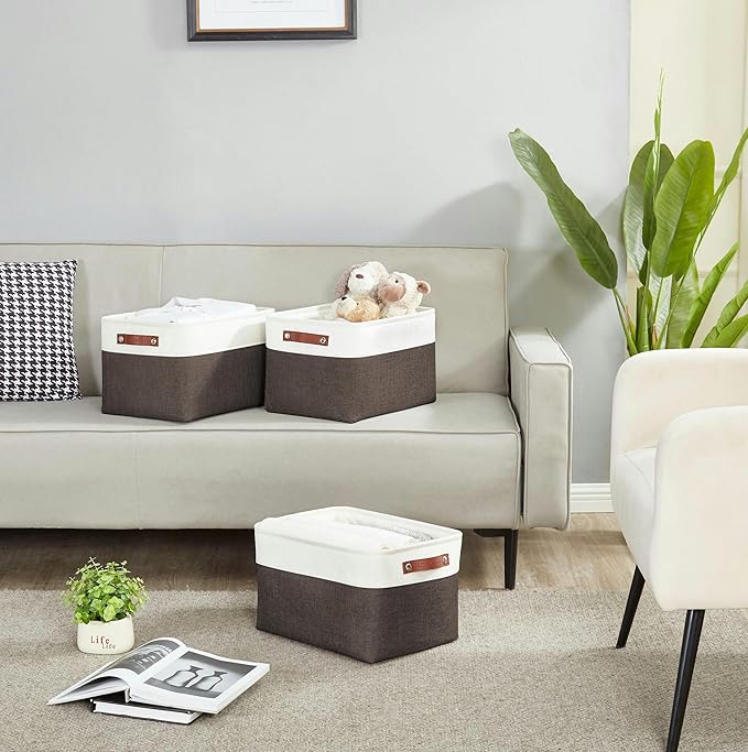 DECOMOMO Storage Baskets for Shelves - Fabric Storage Bins, Linen Closet Organizers and Storage (Brown & White, Large - 4 Pack)