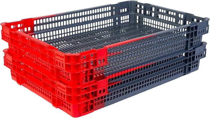 Hudson Exchange 23.5 x 15.75 x 4" (4.9 Gallon, 5 Pack) Agricultural Nest and Stack Vented Crate Handled Storage Container Tote, Red/Black