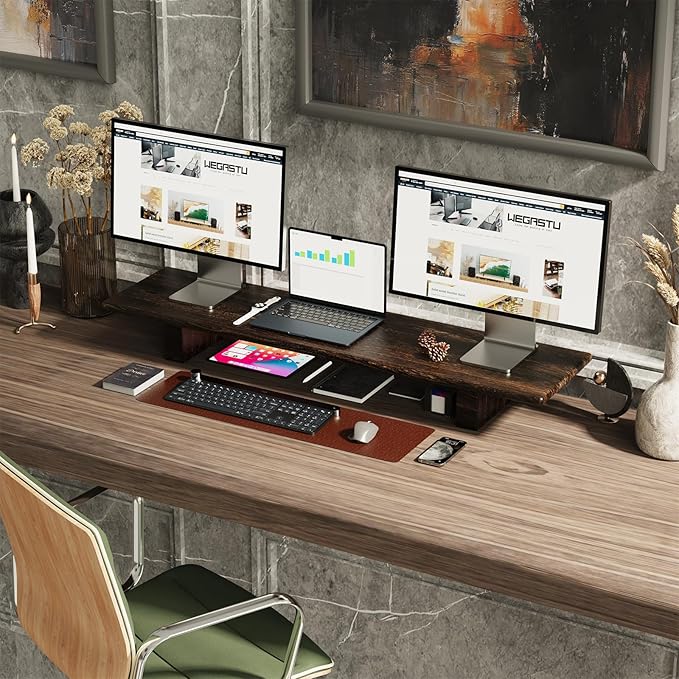 "WEGASTU Solid Wood Rustic Desk Monitor Stand with Storage，Large Dual Monitor Stand Riser for Laptop Computer/TV/PC/Printers, Perfect Desktop Stands Organizer with Underneath Storage for Office
