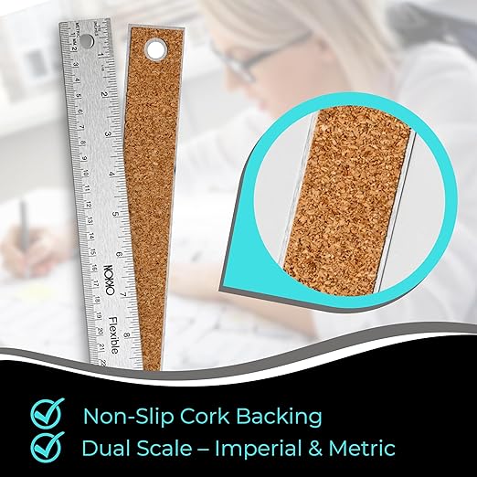 NOKKO 18 Inch Metal Ruler with Cork Backing, Pack of 2 - Stainless Steel Straight Edge Ruler with Inches and Centimeters, Non-Slip Cork Back for Precision Measurement and Stability