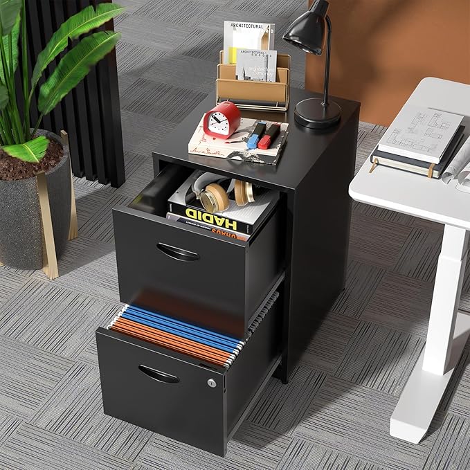 2 Drawer File Cabinet, Metal Two Drawer Vertical File Cabinets with Lock, 18" D Black Storage Filing Cabinet for Home Office, Steel Light Duty Storage for Letter-Size Files, Assembly Required