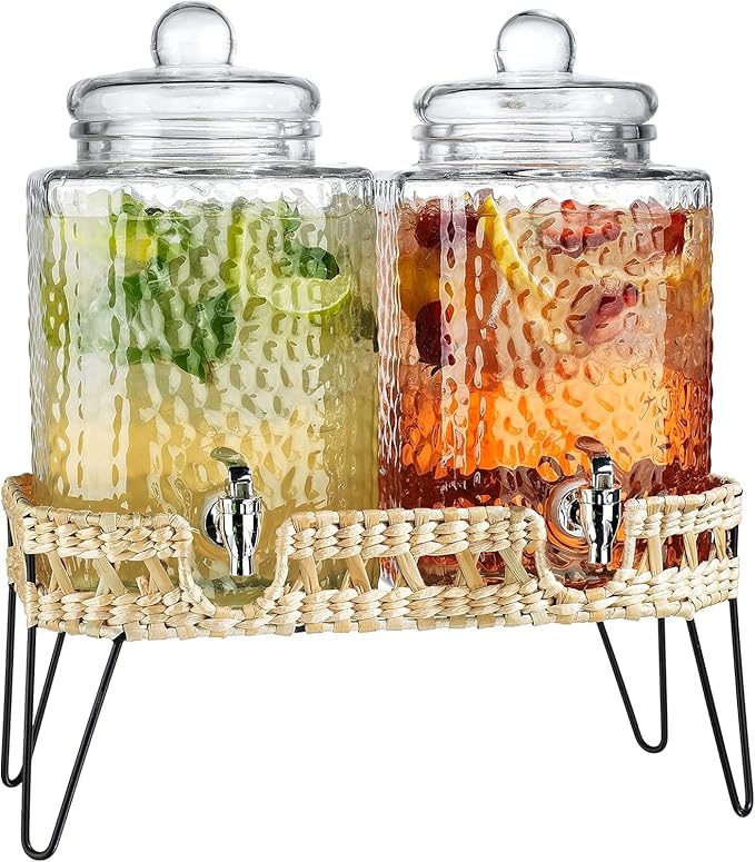 1.5 Gallon Hammered Glass Drink Dispenser for Parties 2 PACK Beverage Dispensers with Stand, Glass Water Jug Dispenser, with 100% Leak Proof Spigot, Great for Party, Wedding, Picnic, BBQ Wicker Design