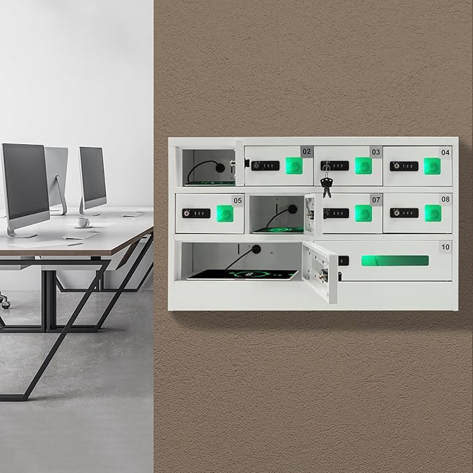 10 Slots Cell Phone Locker Charging Station & Locker Cellphone Charging Station Cabinet with Combination Lock, Tablet Computer and Mobile Phone Charging Station with 3 in 1 Charging Ports