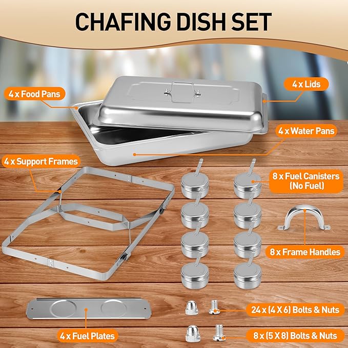 Rengue 9.5 QT Chafing Dishes, 4 Pack High Premium Stainless Steel Complete Set, Rectangular Chafing Dish Buffet Set, Heating and Cooling Chafing Dish for Gatherings Banquet, Buffet, Party, Wedding
