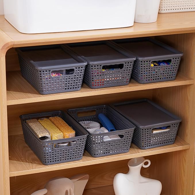 Plastic Storage Baskets With Lid, Storage Bins for Organizing, Stackable Decorative Containers for Shelves Drawers Desktop Closet Playroom Classroom Office, 6 Pack-Grey