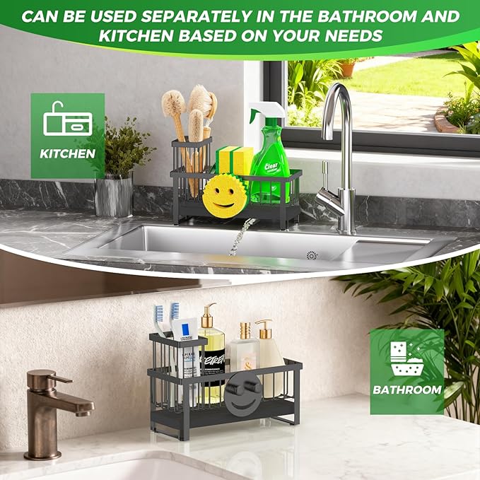 Sponge Holder for Kitchen Sink,Sink Caddy with Removable Dish Brush Holder,Self-Draining Kitchen Countertop Organizers and Storage Essentials,Soap Dispenser Organize and Home Decor-Black