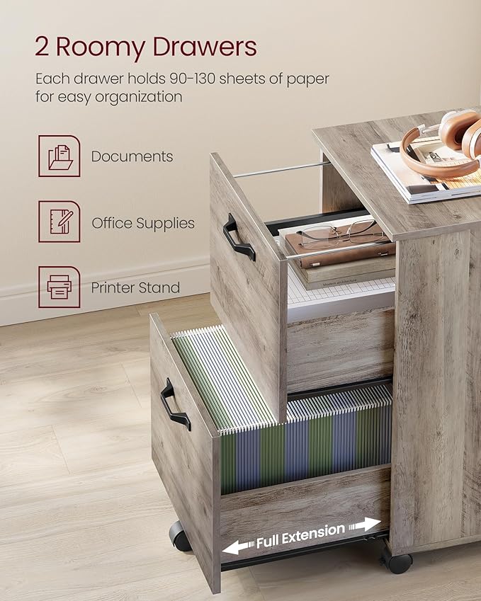 VASAGLE 2-Drawer File Cabinet, Small Rolling Filing Cabinet for Home Office, Printer Stand, for A4, Letter-Size Documents, 15.7 x 16.5 x 27.6 Inches, Heather Greige UOFC040LK02S