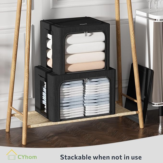 CYhom Clothes Storage Bins Box - Linen Fabric Foldable Stackable Container Organizer Set with Clear Window & Carry Handles & Metal Frame (Black, Large-66L)