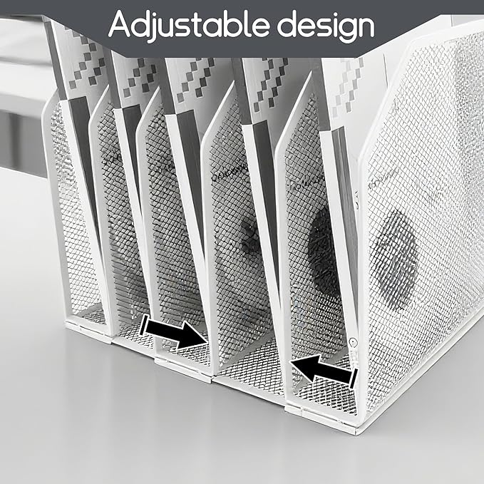 Adjustable Desk File Organizer,Detachable Office Folder Organizer,Compact Vertical Desk File Holder,Wrought Iron Paint,Suitable for Home, School, Office Classrooms (White - 5 grids)