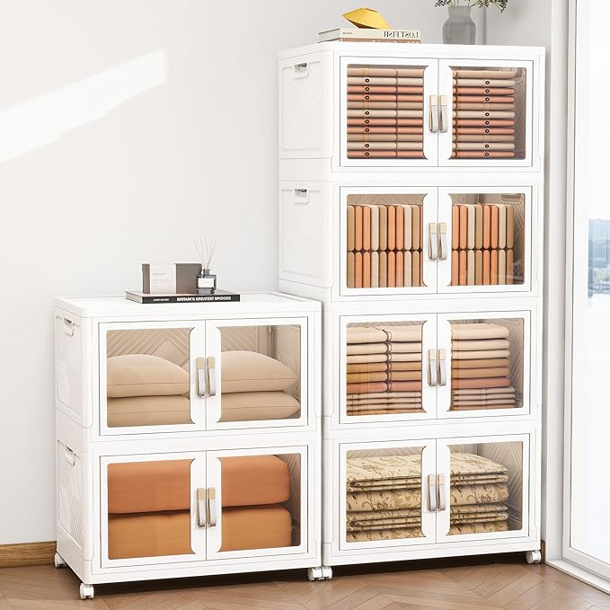 Large Clear Stackable Storage Bins with Lids, Foldable Storage Cabinet for Closet Organizers and Storage, Plastic Storage Box with Wheels 942 QT