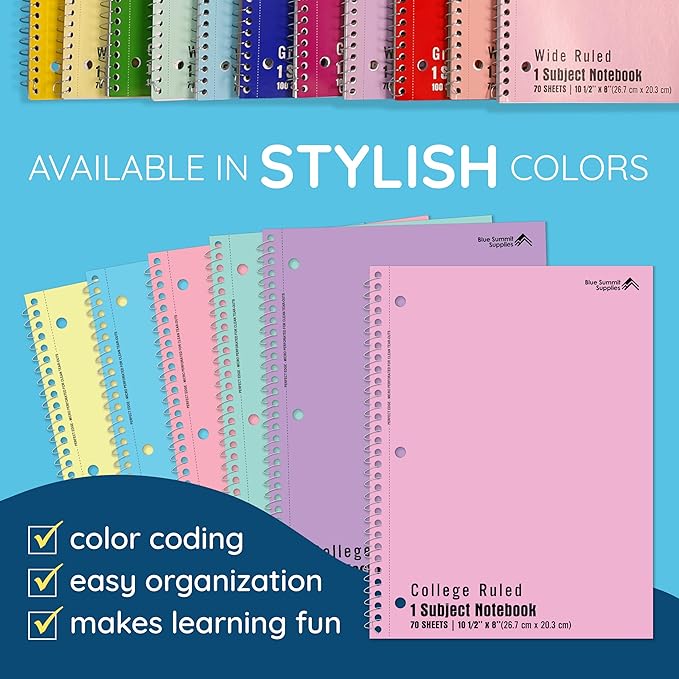 Blue Summit Pastel Spiral Notebook College Ruled, One Subject School Notebooks Spiral, Perforated Notebooks Bulk, 8 x 10.5 School Book, Paper, College Ruled, 12 Pack