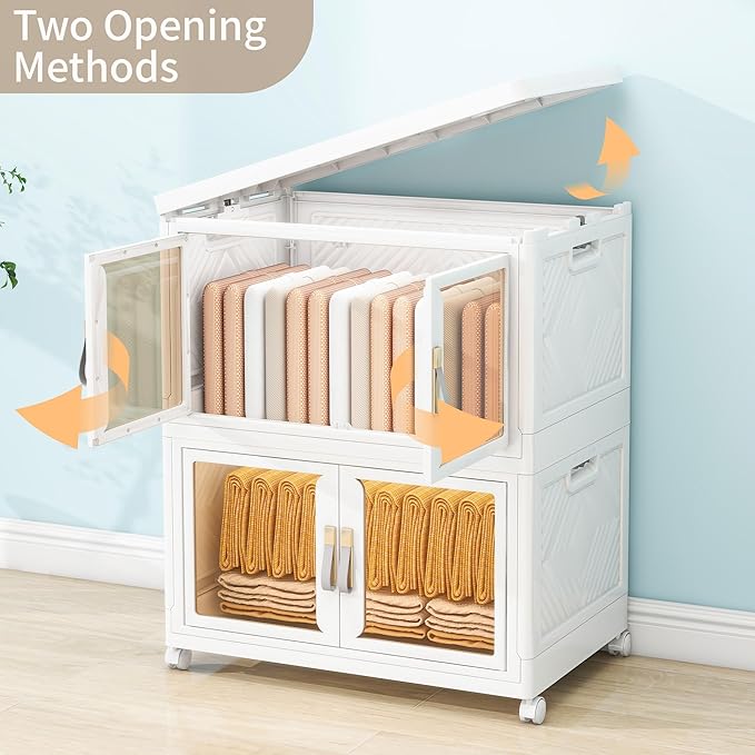 Large Clear Stackable Storage Bins with Lids, Foldable Storage Cabinet for Closet Organizers and Storage, Plastic Storage Box with Wheels 597 QT