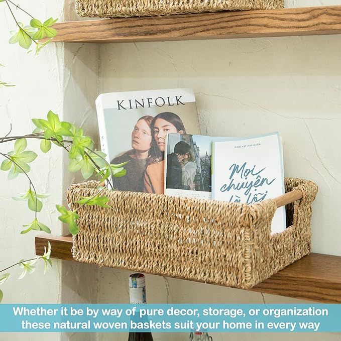 Large Natural Wicker Basket Rectangular with Wooden Handles, Seagrass Storage for Organizing, Shelves 15.5 x 10.6 x 5.5 inches