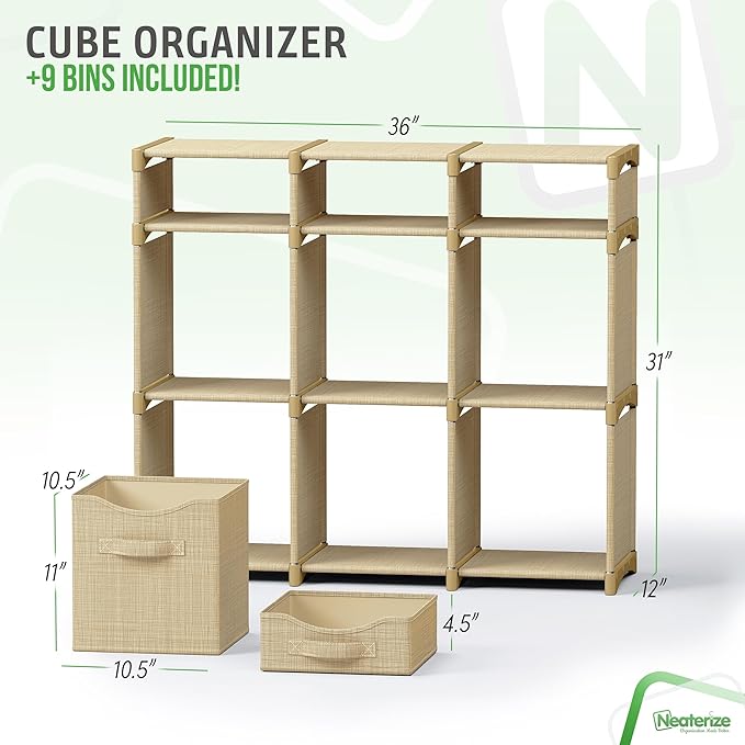 9 Cube Closet Organizers And Storage | Includes All Storage Cube Bins | Easy To Assemble Closet Storages Unit With Drawers | Room Organizer For Clothes, Baby Closets Bedroom, Playroom, Dorm (Beige)