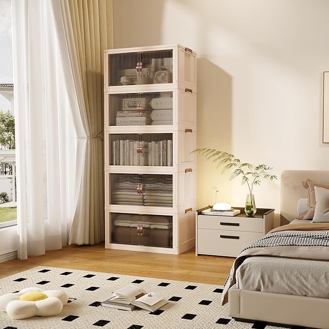 SAILUN 145Gal/580Qt Stackable Storage Bins Folding Collapsible Storage Bins with Lid, Closet Organizers and Storage Box with Door Beige 26" W x 17" D x 71" H