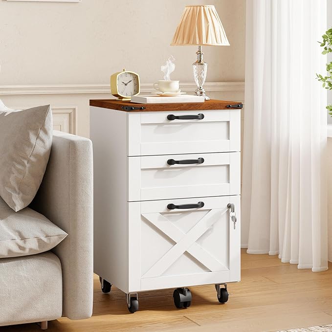 HOOBRO 3 Drawer File Cabinet with Lock, Mobile Farmhouse Filing Cabinet for A4/Letter Size, Under Desk Rolling Office Cabinet, Printer Stand with Storage for Home Office, White and Walnut WH67WJ01
