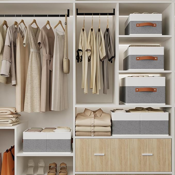 Clothing Storage Boxes, Drawer Organizers with Handles, Cube Organizer Bin for Organizing, 13 × 9.1 × 5.5 Inch, White and Grey, 6-Pack
