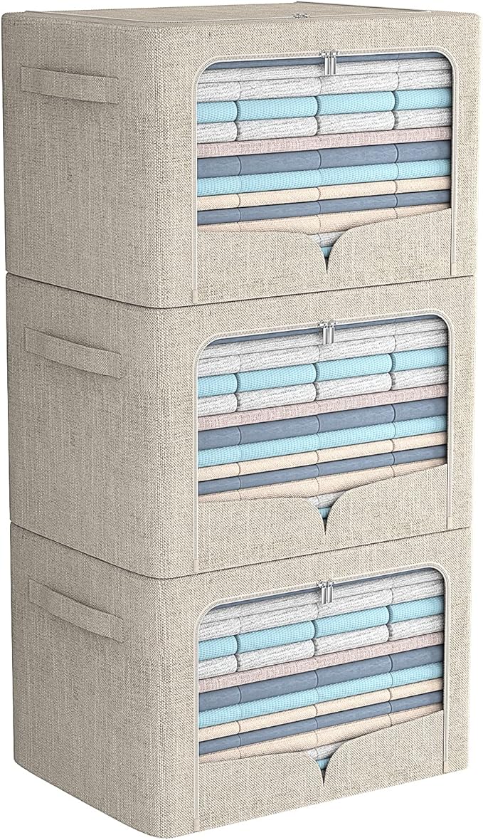 FHSQX 3 Pack Clothes Storage Bins Foldable Metal Frame Storage Box Stackable Linen Fabric Organizer Set with Carrying Handles and Clear Window (Beige, 15.7x11.8x7.8inch(22L))