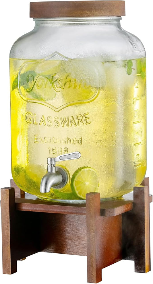Drink Dispenser with Acacia Wood Stand and Lid,2 Gallon Glass Beverage Dispenser with Stainless Steel Spigot for Parties,Picnics,Barbecues,Lemonade,Sun tea Jar,ice coffee,Laundry Detergent Dispenser